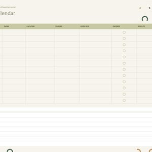 May include: A digital show calendar planner page with a cream background and horseshoe pattern borders. The header reads Show Calendar, with columns for date, show, location, classes, entry due, entered, and results. Includes a notes section.