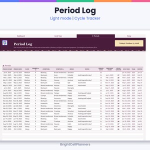 May include: A digital Period Log spreadsheet in light mode with a dark purple header. The interface displays columns for period start and end dates, flow intensity, symptoms, mood, and cycle length, with the text BrightCellPlanners at the bottom.