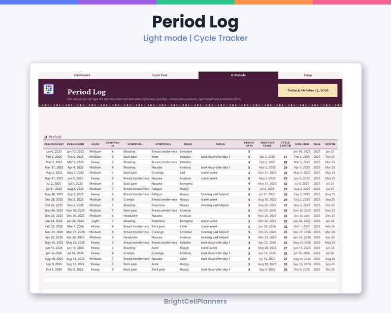 May include: A digital Period Log spreadsheet in light mode with a dark purple header. The interface displays columns for period start and end dates, flow intensity, symptoms, mood, and cycle length, with the text BrightCellPlanners at the bottom.