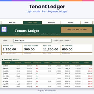 Puede incluir: Una hoja de c&aacute;lculo digital Tenant Ledger en modo claro con un encabezado verde y dorado. La interfaz muestra los detalles del alquiler de Ben Carter, incluyendo renta mensual, cargos por demora, total pagado y saldo adeudado, con una tabla mensual.