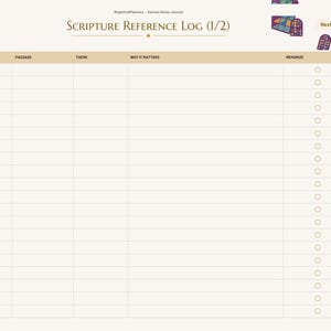May include: A digital planner page titled Scripture Reference Log (1/2) with columns for Date, Passage, Theme, Why It Matters, and Memorize. The layout features a light cream background, tan headers, and a sidebar with navigation tabs.
