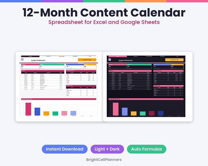 May include: A 12-Month Content Calendar spreadsheet for Excel and Google Sheets featuring light and dark mode dashboards with data tables and colorful bar charts. The text reads 12-Month Content Calendar, Spreadsheet for Excel and Google Sheets, Instant Download, Light + Dark, Auto Formulas, and BrightCellPlanners.
