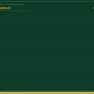 May include: A digital planner page with a dark green background and horizontal lines. The top left corner features a small illustration of a lion and the text Notes 1. A yellow brick border lines the bottom, and yellow tabs labeled with months and categories run along the right side.