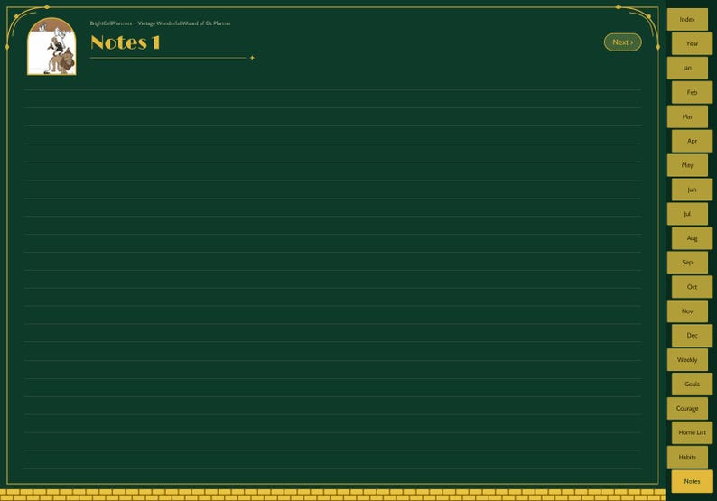 May include: A digital planner page with a dark green background and horizontal lines. The top left corner features a small illustration of a lion and the text Notes 1. A yellow brick border lines the bottom, and yellow tabs labeled with months and categories run along the right side.