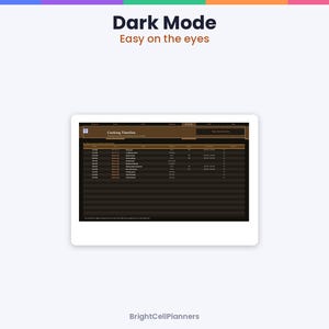 May include: A digital planner interface displayed on a screen with the text Dark Mode Easy on the eyes at the top. The central table is titled Cooking Timeline and features rows of data against a dark brown background. BrightCellPlanners is below.