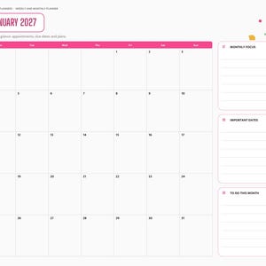 May include: A digital planner page for January 2027 featuring a monthly calendar grid with a pink header, a sidebar navigation menu, and three lined sections on the right for monthly focus, important dates, and to-do lists.