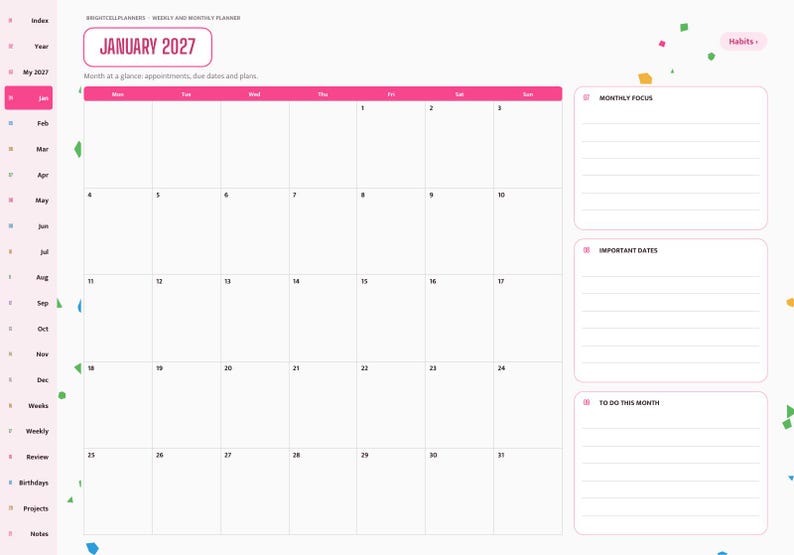 May include: A digital planner page for January 2027 featuring a monthly calendar grid with a pink header, a sidebar navigation menu, and three lined sections on the right for monthly focus, important dates, and to-do lists.