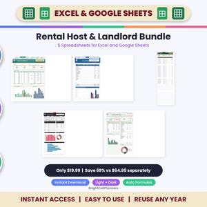 May include: A digital Rental Host & Landlord Bundle featuring five spreadsheets for Excel and Google Sheets. The layout includes an annual dashboard, expense tracker, and financial charts with auto formulas, fully editable for Mac, PC, and mobile.
