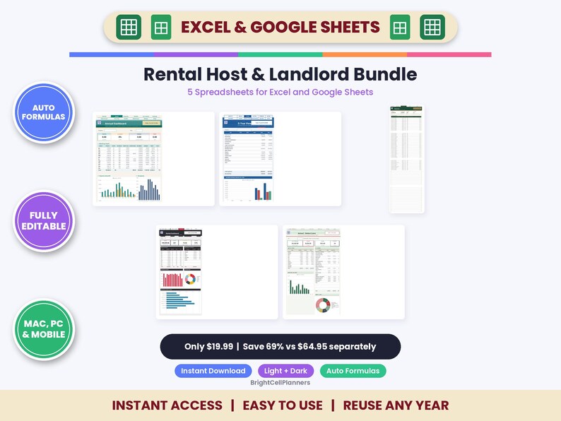May include: A digital Rental Host & Landlord Bundle featuring five spreadsheets for Excel and Google Sheets. The layout includes an annual dashboard, expense tracker, and financial charts with auto formulas, fully editable for Mac, PC, and mobile.