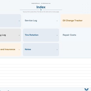 May include: A digital car maintenance log planner interface with an index page featuring navigation tiles for My Vehicle, Service Log, Oil Change Tracker, Fuel Economy Log, Tire Rotation, Repair Costs, Registration and Insurance, and Notes.
