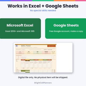 May include: A digital weekly planner template compatible with Microsoft Excel 2016 and 365, and Google Sheets. The interface features a beige layout with organized tables for scheduling, task tracking, and progress monitoring.