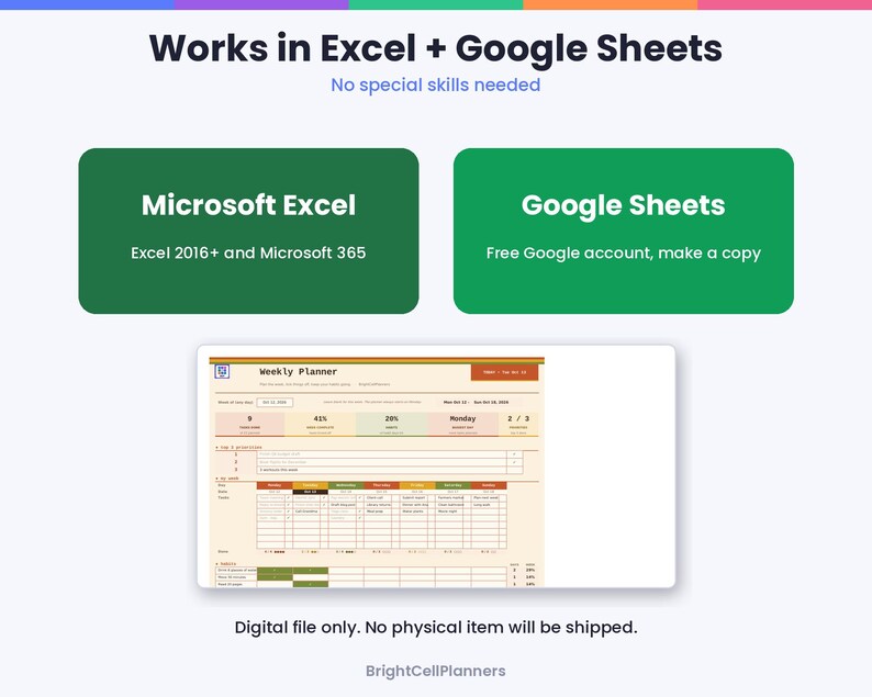 May include: A digital weekly planner template compatible with Microsoft Excel 2016 and 365, and Google Sheets. The interface features a beige layout with organized tables for scheduling, task tracking, and progress monitoring.
