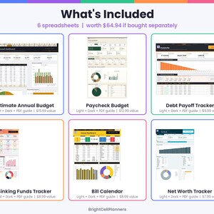 May include: A digital bundle of six financial spreadsheets titled What's Included, featuring an Ultimate Annual Budget, Paycheck Budget, Debt Payoff Tracker, Sinking Funds Tracker, Bill Calendar, and Net Worth Tracker by BrightCellPlanners.