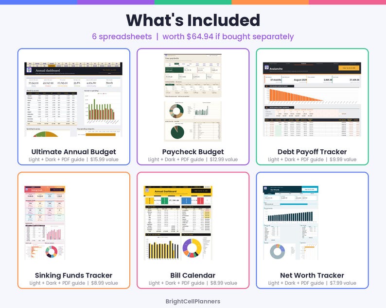May include: A digital bundle of six financial spreadsheets titled What's Included, featuring an Ultimate Annual Budget, Paycheck Budget, Debt Payoff Tracker, Sinking Funds Tracker, Bill Calendar, and Net Worth Tracker by BrightCellPlanners.