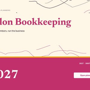 Puede incluir: Una portada de planificador digital titulada Salon Bookkeeping con el subt&iacute;tulo Run the numbers, run the business. El dise&ntilde;o presenta un fondo crema con l&iacute;neas negras finas, una secci&oacute;n magenta en la parte inferior, el a&ntilde;o 2027 y un bot&oacute;n que dice Open planner.