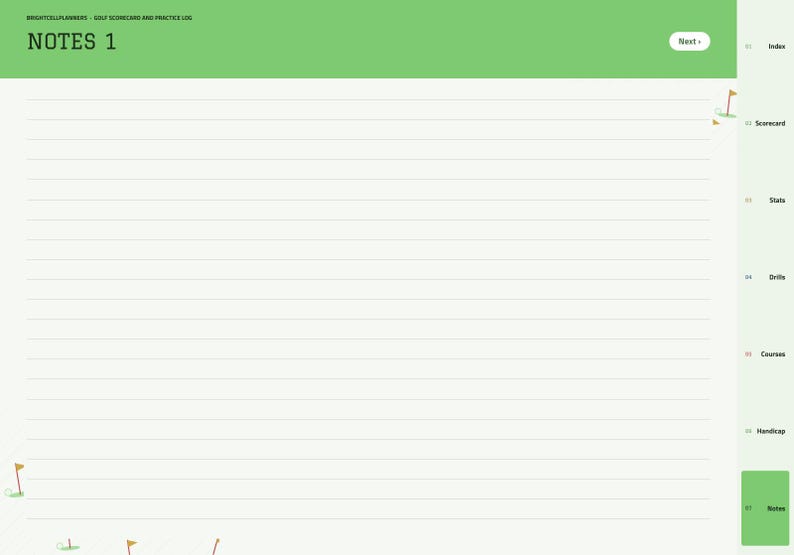 Puede incluir: Una p&aacute;gina digital de tarjeta de puntuaci&oacute;n y registro de pr&aacute;ctica de golf titulada NOTES 1 con un encabezado verde y una barra de navegaci&oacute;n lateral. La p&aacute;gina presenta l&iacute;neas horizontales para escribir y peque&ntilde;os iconos de banderas de golf. El men&uacute; lateral enumera Index, Scorecard, Stats, Drills, Courses, Handicap y Notes.