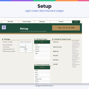 Puede incluir: Una hoja de c&aacute;lculo digital de pagos de alquiler titulada Setup, con un encabezado verde oscuro que incluye pesta&ntilde;as para Rent Roll, Tenant Ledger, Payments y Tenants. La interfaz muestra secciones para Settings, Payment types y License.