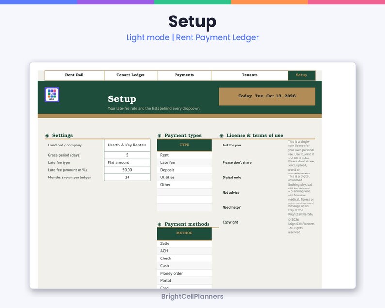 Puede incluir: Una hoja de c&aacute;lculo digital de pagos de alquiler titulada Setup, con un encabezado verde oscuro que incluye pesta&ntilde;as para Rent Roll, Tenant Ledger, Payments y Tenants. La interfaz muestra secciones para Settings, Payment types y License.