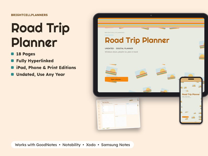 Road Trip Planner Digital, Travel Itinerary, Route and Stop Planner, Fuel Budget Log, Packing List, Car Games, Memories Bild 1