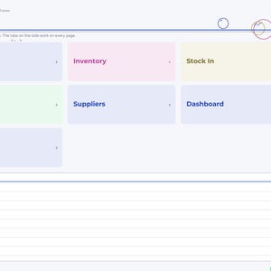May include: A digital inventory tracker planner page titled Index with a navigation sidebar. The layout features rectangular tiles labeled Setup, Inventory, Stock In, Stock Out, Suppliers, Dashboard, and Notes, plus a lined section for Quick notes.