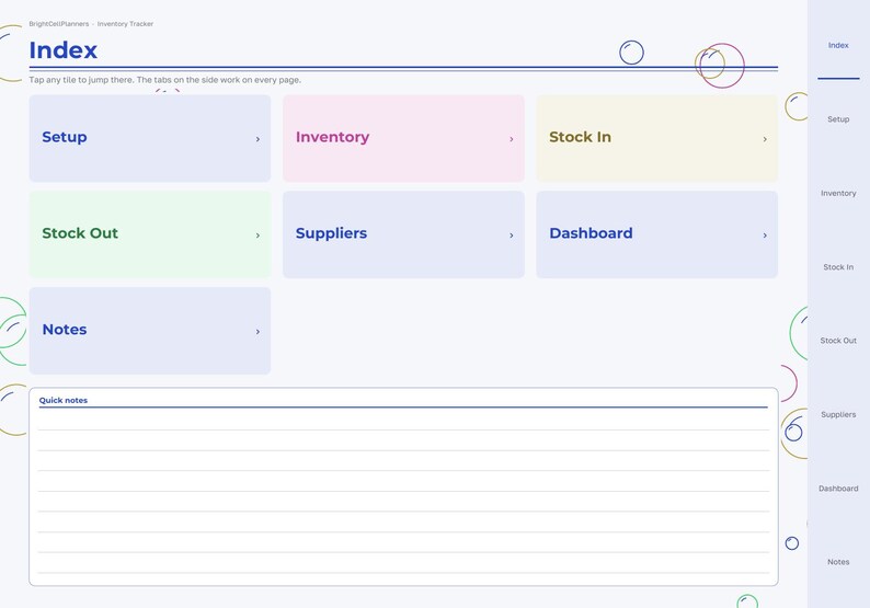 May include: A digital inventory tracker planner page titled Index with a navigation sidebar. The layout features rectangular tiles labeled Setup, Inventory, Stock In, Stock Out, Suppliers, Dashboard, and Notes, plus a lined section for Quick notes.
