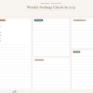 May include: A digital planner page titled Weekly Feelings Check-In (1/4) with a sidebar navigation menu. The layout includes sections for This week I feel, What helped, What was hard, One thing just for me, and Gratitude, featuring lined writing areas and checkboxes.