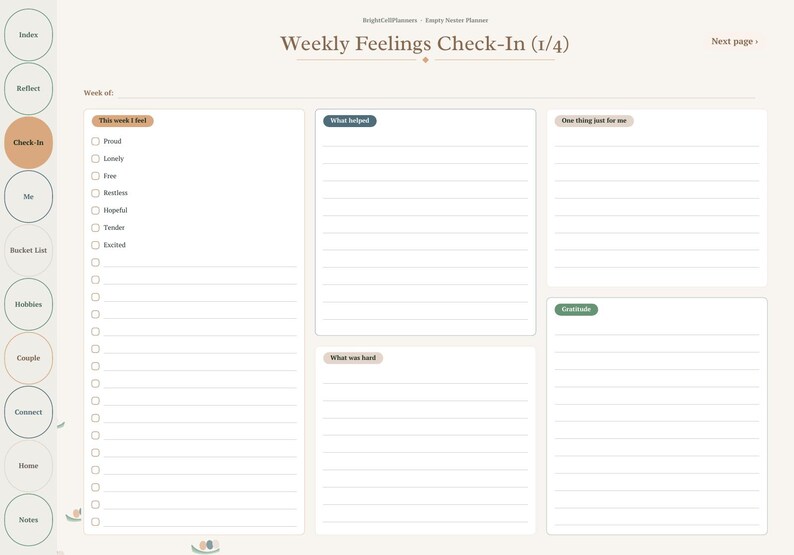 May include: A digital planner page titled Weekly Feelings Check-In (1/4) with a sidebar navigation menu. The layout includes sections for This week I feel, What helped, What was hard, One thing just for me, and Gratitude, featuring lined writing areas and checkboxes.