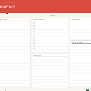 May include: A digital teacher substitute binder page titled Sub Notes (1/4) with a red header. The layout includes sections for Lesson Plan for Today, Materials and Where, Who Was Absent, Behavior Notes, and Notes for the Teacher with apple icons.