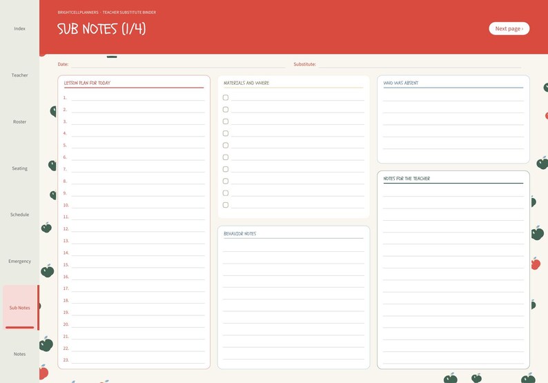 May include: A digital teacher substitute binder page titled Sub Notes (1/4) with a red header. The layout includes sections for Lesson Plan for Today, Materials and Where, Who Was Absent, Behavior Notes, and Notes for the Teacher with apple icons.