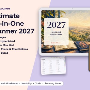 May include: A digital planner set titled Ultimate All-in-One Planner 2027, featuring a tablet displaying a landscape scene with an open book, a smartphone with a 2027 cover, and a calendar page, compatible with GoodNotes, Notability, Xodo, and Samsung Notes.