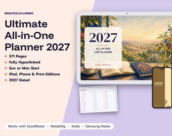 2027 All-in-One Digital Planner, 571 Page Hyperlinked Planner, Tablet and Phone Life Planner, Budget, Goals, 1290 Stickers