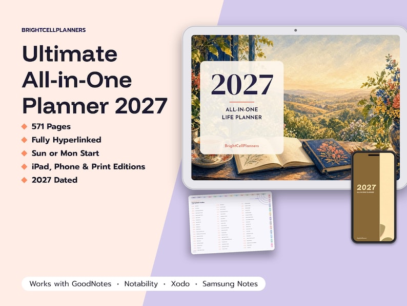 May include: A digital planner set titled Ultimate All-in-One Planner 2027, featuring a tablet displaying a landscape scene with an open book, a smartphone with a 2027 cover, and a calendar page, compatible with GoodNotes, Notability, Xodo, and Samsung Notes.