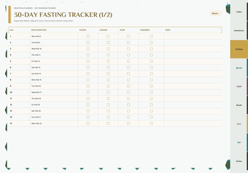 May include: A digital 30-day fasting tracker planner page with a table listing days 1 through 15, dates, and checkboxes for Fasted, Suhoor, Iftar, and Taraweeh. The sidebar includes tabs for Index, Intentions, Fasting, Quran, Salah, Meals, Dua, Eid, and Notes.