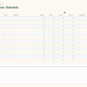 May include: A cream-colored Medication Schedule planner page featuring a grid with columns for medication, dose, purpose, and time of day. The header reads Medication Schedule, and a sidebar lists sections including Index, Profile, Medication, Appointments, Care Team, Self-Care, Expenses, and Notes.