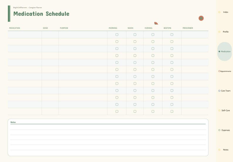 May include: A cream-colored Medication Schedule planner page featuring a grid with columns for medication, dose, purpose, and time of day. The header reads Medication Schedule, and a sidebar lists sections including Index, Profile, Medication, Appointments, Care Team, Self-Care, Expenses, and Notes.