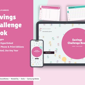 Op de afbeelding: Een digitale Savings Challenge Book planner weergegeven op een tablet en smartphone, met een roze en lichtblauw kleurenschema en kleine pot-iconen. De tekst luidt Savings Challenge Book, 12 Pages, Fully Hyperlinked en Works with GoodNotes.