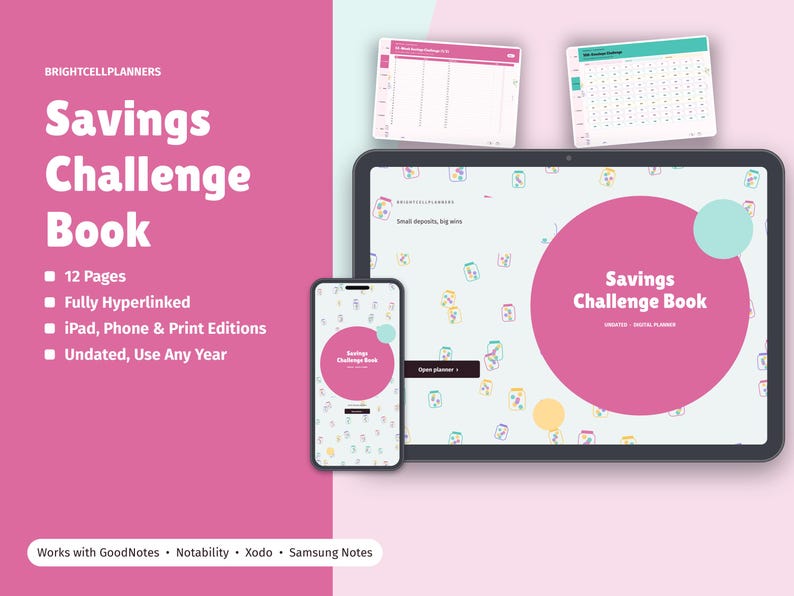 Op de afbeelding: Een digitale Savings Challenge Book planner weergegeven op een tablet en smartphone, met een roze en lichtblauw kleurenschema en kleine pot-iconen. De tekst luidt Savings Challenge Book, 12 Pages, Fully Hyperlinked en Works with GoodNotes.