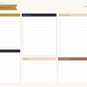 May include: A digital planner page titled Story Brainstorm (1/2) featuring sections for How we met, What I love most, Promises I want to make, Funny moments, Inside jokes, and Words that feel like us with lined spaces and checkboxes.
