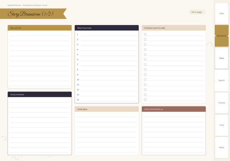 May include: A digital planner page titled Story Brainstorm (1/2) featuring sections for How we met, What I love most, Promises I want to make, Funny moments, Inside jokes, and Words that feel like us with lined spaces and checkboxes.