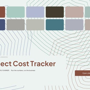Puede incluir: Una interfaz de planificador digital Project Cost Tracker con una cuadr&iacute;cula de doce rect&aacute;ngulos de colores, patrones de l&iacute;neas geom&eacute;tricas y el texto: BRIGHTCELLPLANNERS, Project Cost Tracker, UNDATED, DIGITAL PLANNER, Run the numbers, run the business, Open planner.