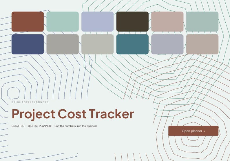 Puede incluir: Una interfaz de planificador digital Project Cost Tracker con una cuadr&iacute;cula de doce rect&aacute;ngulos de colores, patrones de l&iacute;neas geom&eacute;tricas y el texto: BRIGHTCELLPLANNERS, Project Cost Tracker, UNDATED, DIGITAL PLANNER, Run the numbers, run the business, Open planner.