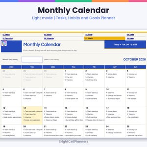 May include: A digital monthly calendar planner for October 2026 with a light mode interface. The layout features a grid for tasks, habits, and goals, with navigation tabs at the top labeled Setup, Habits, Goals, Tasks, Recurring, and Schedule.