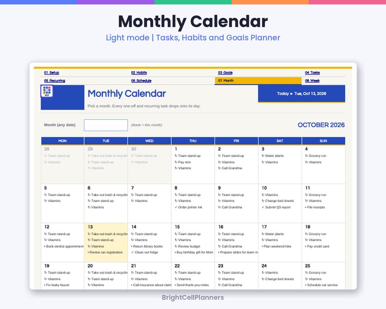 May include: A digital monthly calendar planner for October 2026 with a light mode interface. The layout features a grid for tasks, habits, and goals, with navigation tabs at the top labeled Setup, Habits, Goals, Tasks, Recurring, and Schedule.