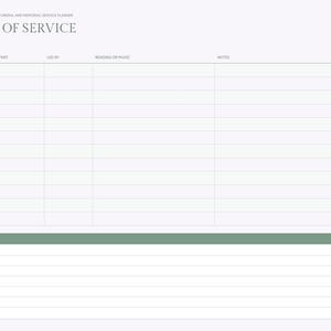 Puede incluir: Una p&aacute;gina de planificador digital para servicios funerarios y conmemorativos con un encabezado verde salvia etiquetado como ORDER OF SERVICE. La tabla incluye columnas para tiempo, parte, dirigido por, lectura o m&uacute;sica y notas.