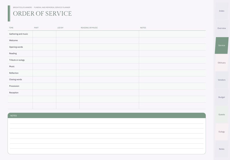 Puede incluir: Una p&aacute;gina de planificador digital para servicios funerarios y conmemorativos con un encabezado verde salvia etiquetado como ORDER OF SERVICE. La tabla incluye columnas para tiempo, parte, dirigido por, lectura o m&uacute;sica y notas.