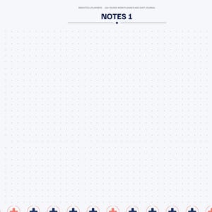 May include: A digital planner page titled NOTES 1 with a white dot grid background. The left sidebar features navigation tabs for months and sections. The bottom and right edges are decorated with a repeating pattern of red and blue plus signs.