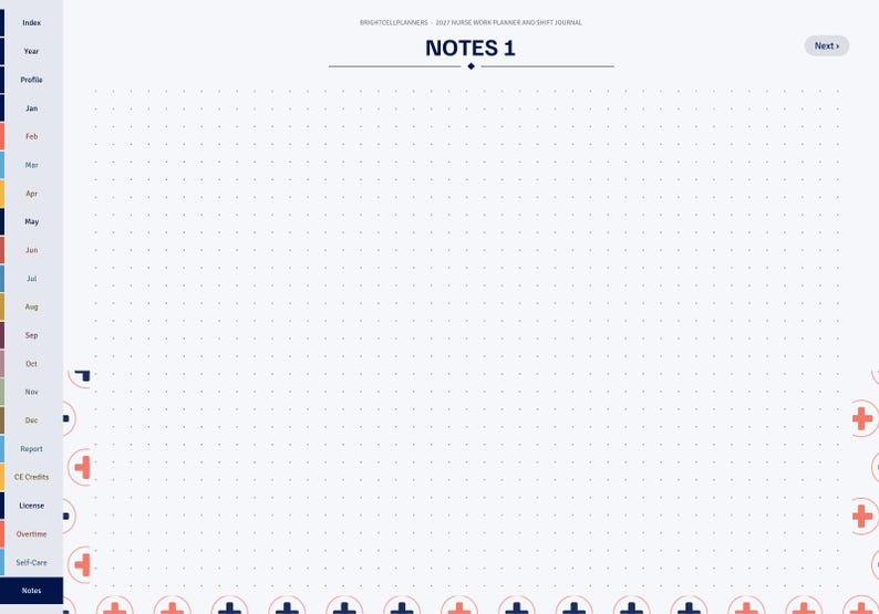 May include: A digital planner page titled NOTES 1 with a white dot grid background. The left sidebar features navigation tabs for months and sections. The bottom and right edges are decorated with a repeating pattern of red and blue plus signs.