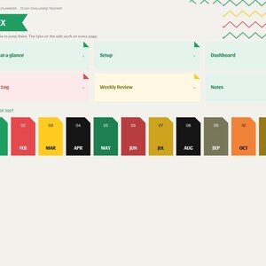 May include: A digital planner index page titled BRIGHTCELLPLANNERS 75 DAY CHALLENGE TRACKER. It features a sidebar navigation, a grid of navigation tiles for Year at a glance, Setup, Dashboard, Daily Log, Weekly Review, and Notes, plus a row of twelve colored month tabs for 2027.