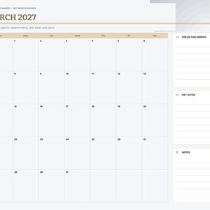 Peut inclure: Une page de planificateur num&eacute;rique pour mars 2027 avec une grille de calendrier mensuel, une barre lat&eacute;rale avec des onglets de navigation et trois sections distinctes &agrave; droite intitul&eacute;es Focus This Month, Key Dates et Notes.