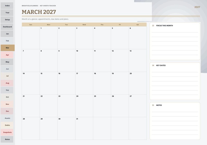 Peut inclure: Une page de planificateur num&eacute;rique pour mars 2027 avec une grille de calendrier mensuel, une barre lat&eacute;rale avec des onglets de navigation et trois sections distinctes &agrave; droite intitul&eacute;es Focus This Month, Key Dates et Notes.